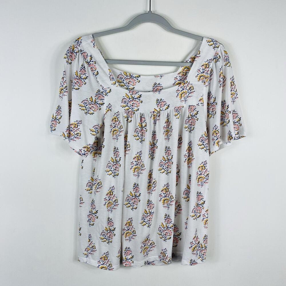 Lucky Brand Size Small Floral Print Square Neck Flutter Sleeve Top White Cotton